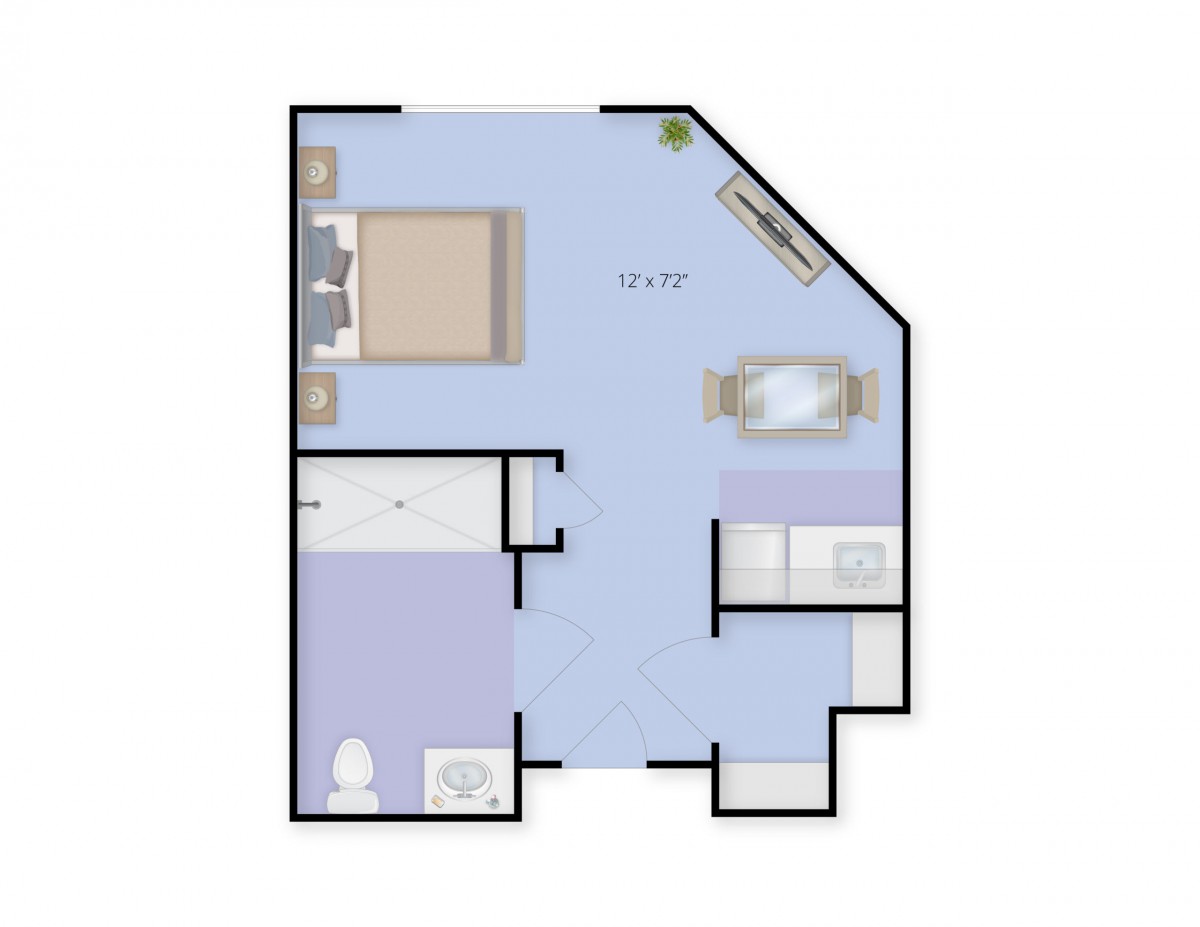 A floor plan of a one-bedroom apartment featuring a living area, kitchen, bathroom, and bedroom.