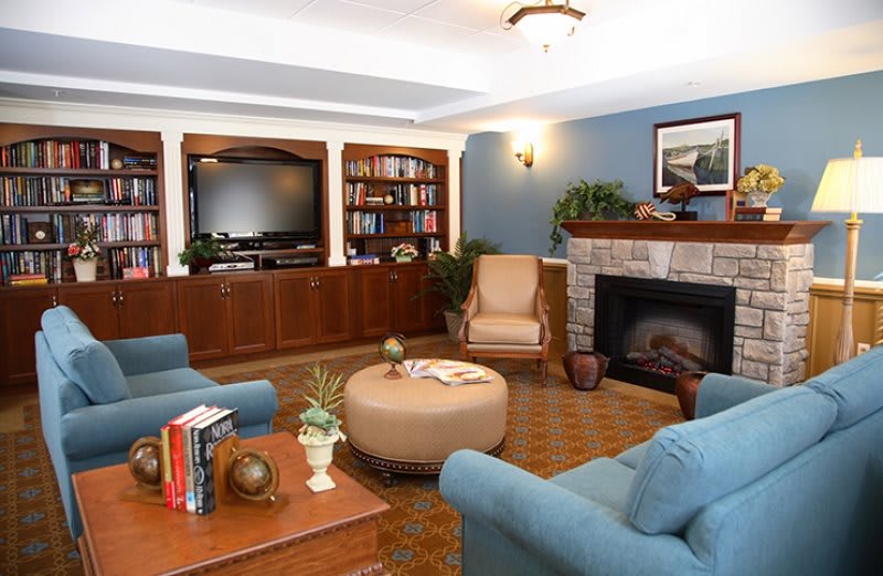 A cozy living room with a television, bookshelves, and a fireplace.