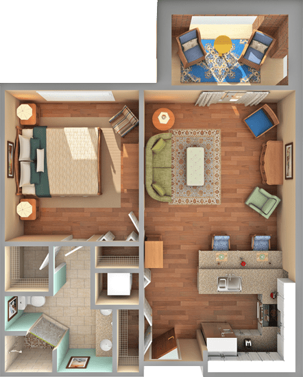 A 3D floor plan of a one-bedroom apartment featuring a living room, kitchen, and bathroom.