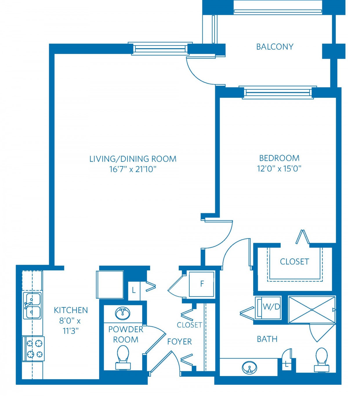 Floor plan of a one-bedroom apartment with living/dining area, kitchen, bathroom, and balcony.