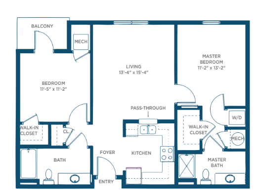 Two-bedroom apartment floor plan with designated living areas and amenities.