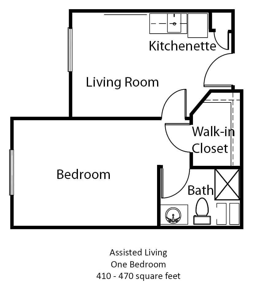 One-bedroom assisted living floor plan with a kitchenette, living room, bathroom, and walk-in closet.