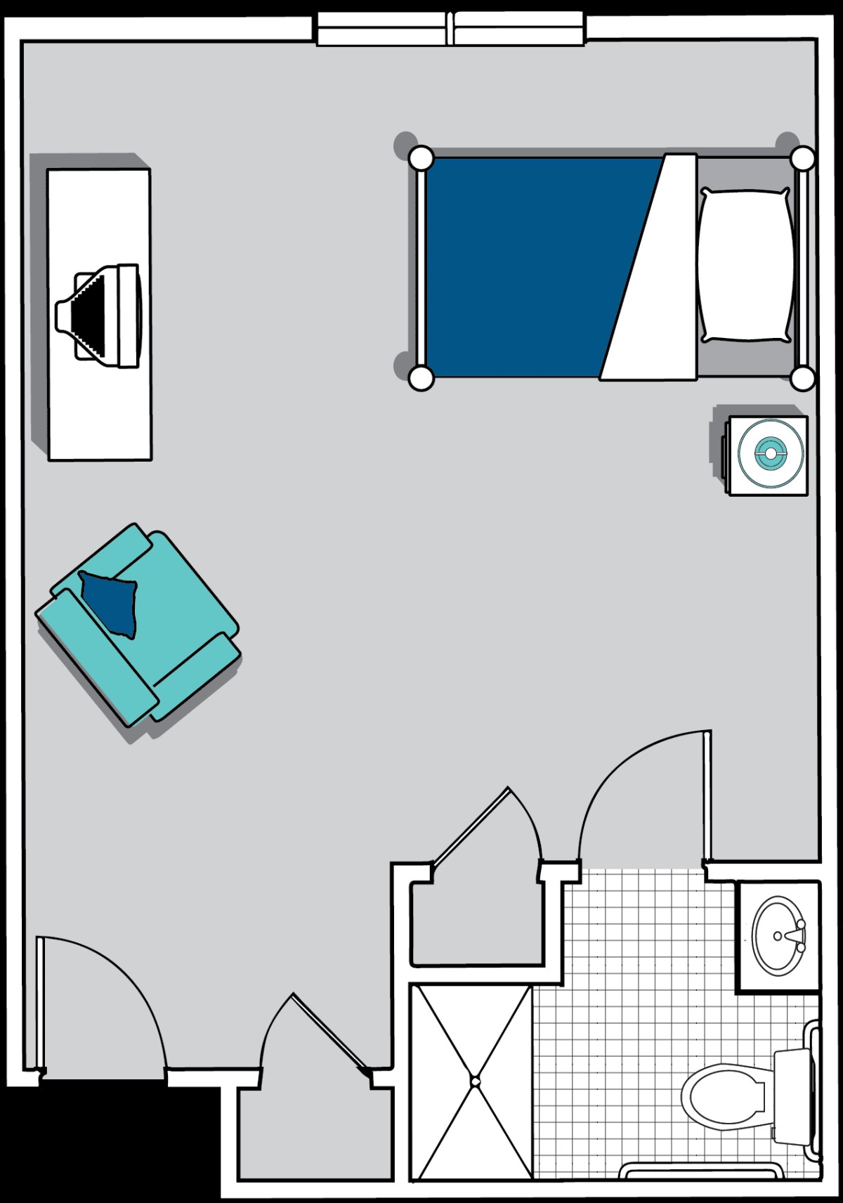 A floor plan illustrating the layout of a bedroom with furniture placement.