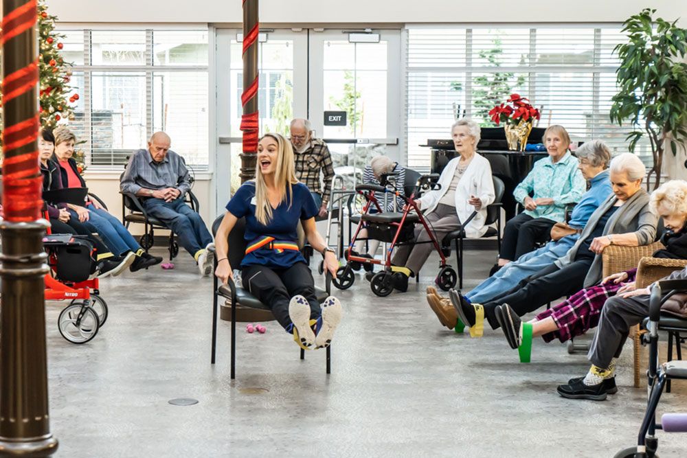 A group of seniors participating in a seated exercise class at a nursing home.
