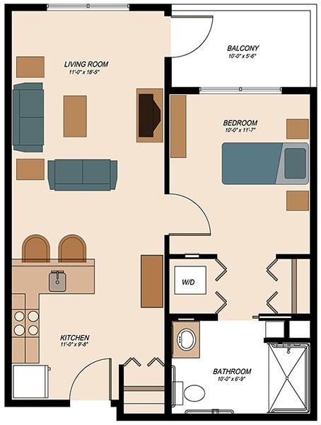 A floor plan of a two-bedroom apartment featuring a living room, kitchen, and bathroom.