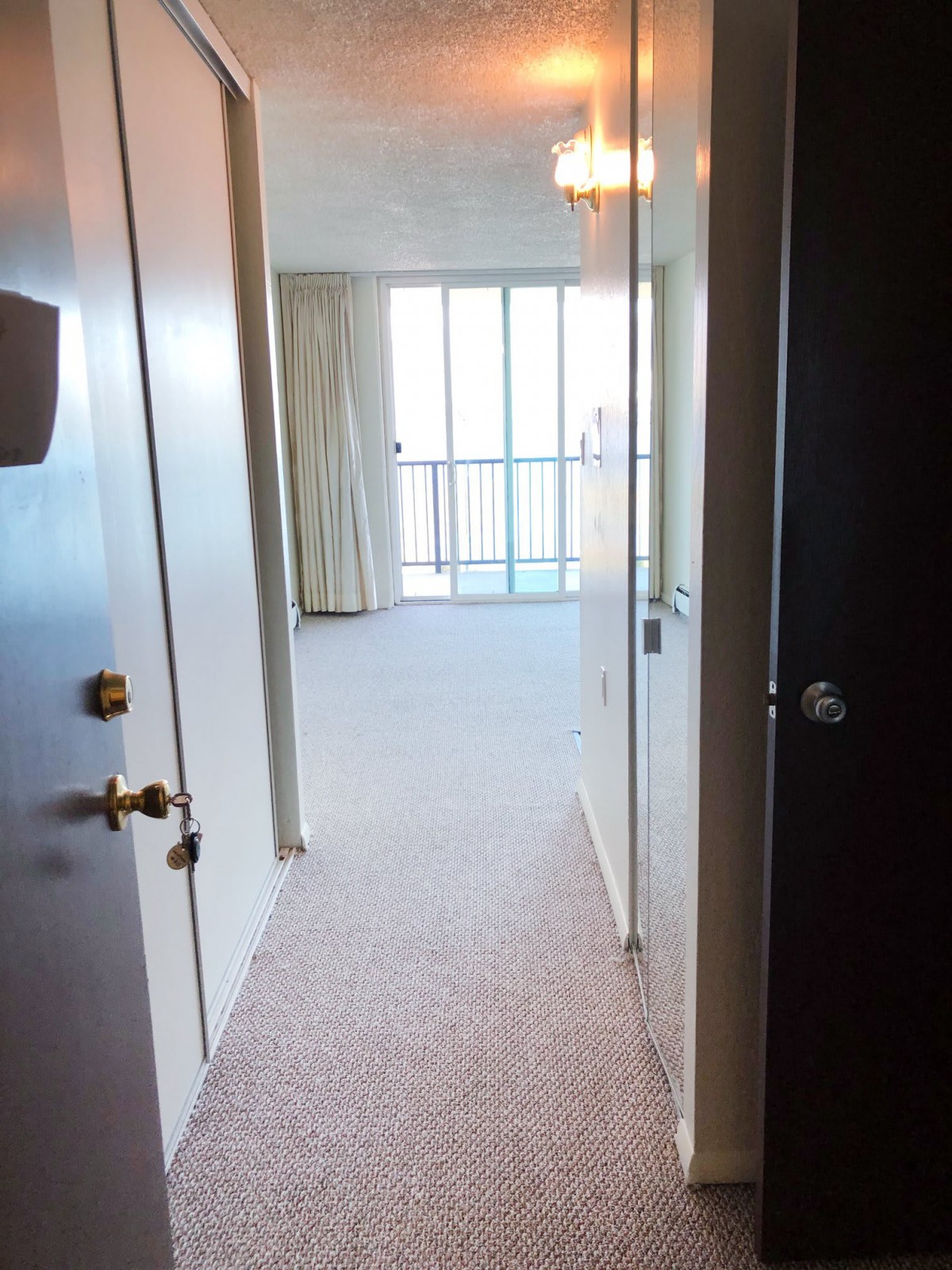 View from a hallway leading to a bright room with a balcony.