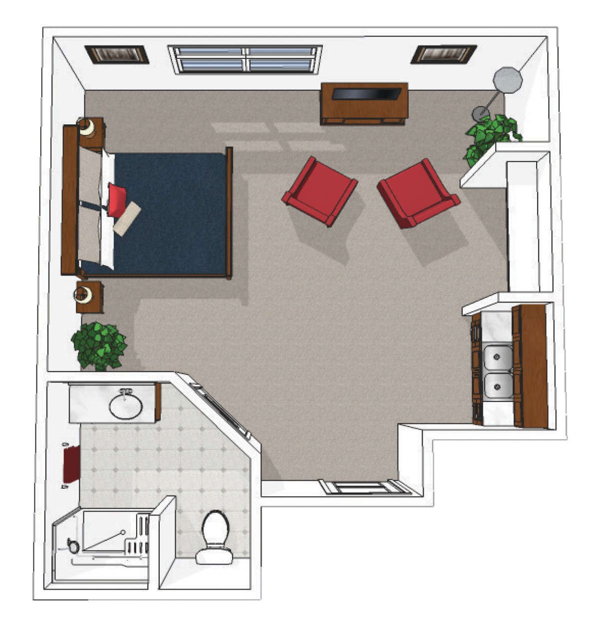 A floor plan of a bedroom with furniture arrangement.