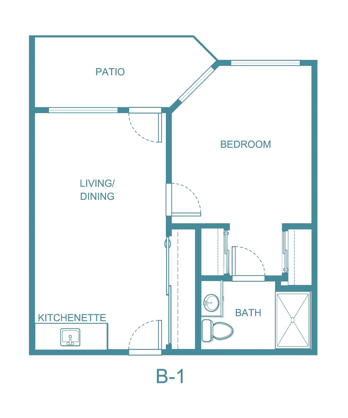 A floor plan of a one-bedroom apartment with a living/dining area, kitchenette, bathroom, and patio.