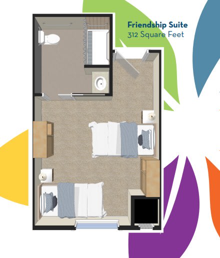 Floor plan of a Friendship Suite showing furniture arrangement and room dimensions.