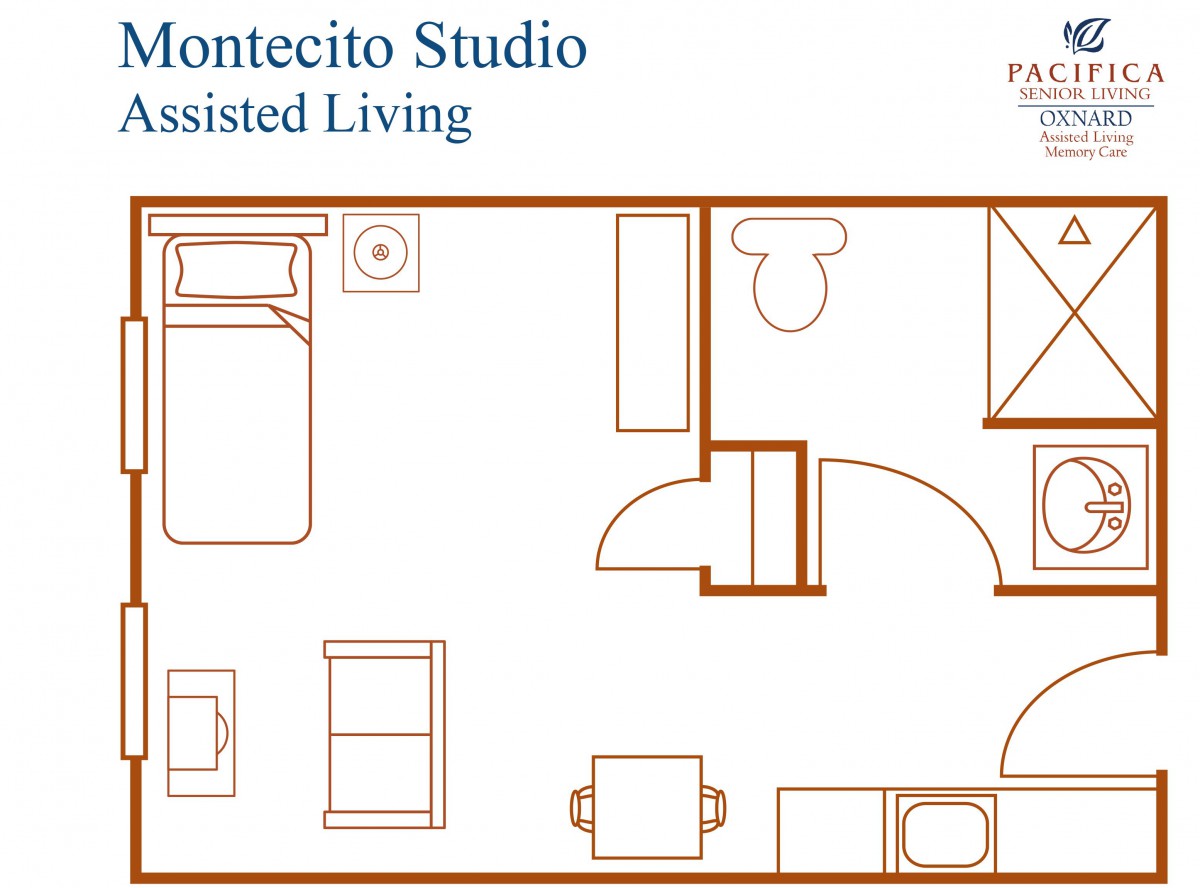 This image shows a floor plan for a Montecito Studio in an assisted living facility.