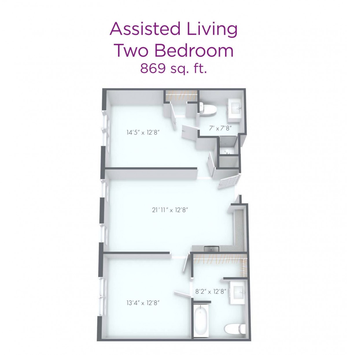 Floor plan of a two-bedroom assisted living unit measuring 869 square feet.