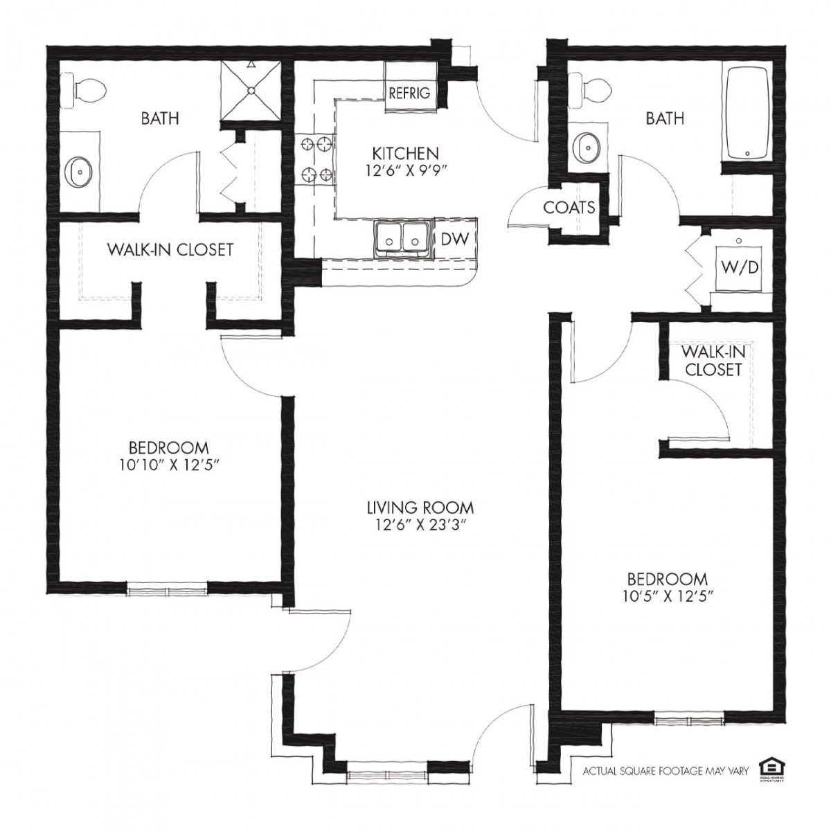 A floor plan of a two-bedroom apartment featuring a kitchen, living room, bathroom, and utility room.