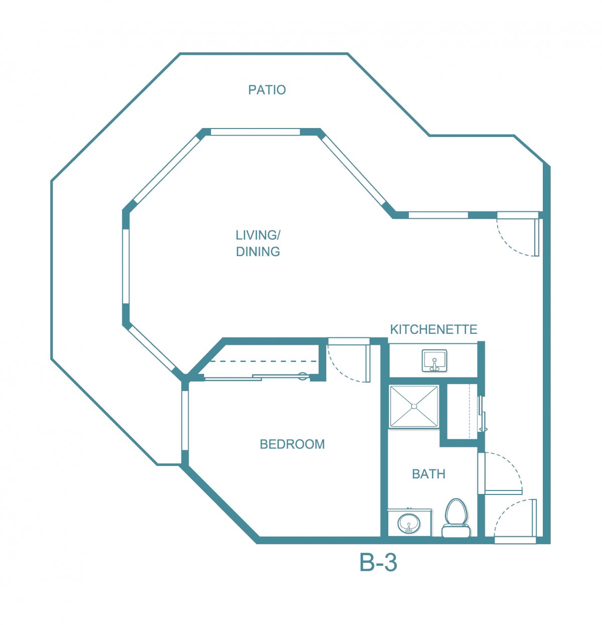 A floor plan of an apartment featuring a living/dining area, bedroom, kitchen, bathroom, and patio.