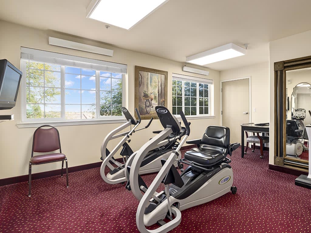 A small gym with exercise bikes and bright windows.