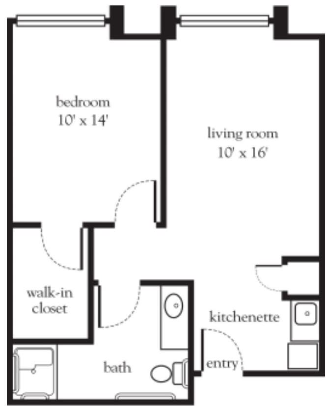 Simple apartment floor plan with one bedroom, living room, walk-in closet, bathroom, and kitchenette.