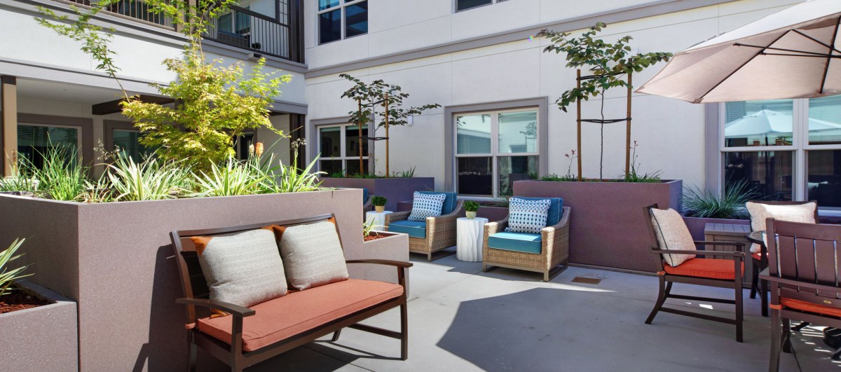 A modern patio area with comfortable seating and lush greenery.