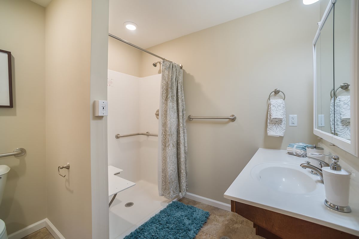 A modern bathroom with a walk-in shower and sink area.