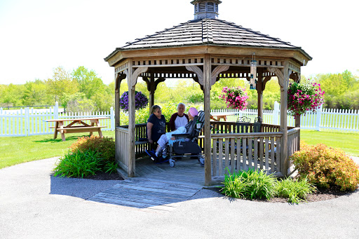 A peaceful moment under the gazebo in a lush green park.