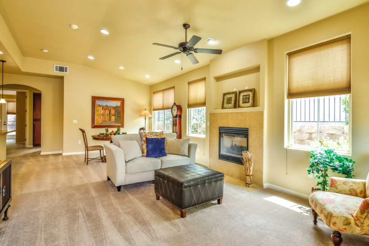 A spacious and well-lit living room with modern furnishings, featuring a comfortable sofa, a fireplace, and tasteful decor.