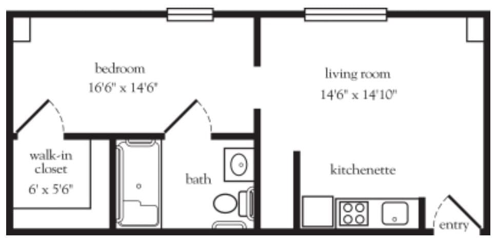 A simple floor plan of a one-bedroom apartment with specified dimensions.