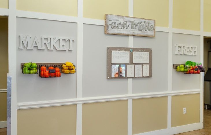 A homestyle decorated wall featuring a 'Market' sign and fruit-themed accents.