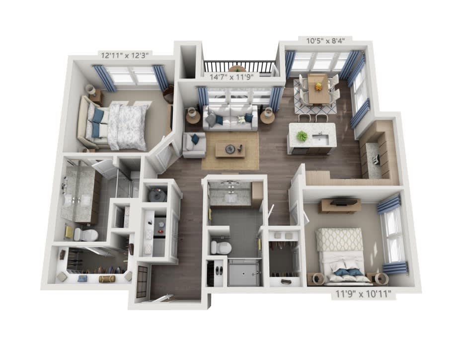 A 3D floor plan of a two-bedroom apartment featuring a kitchen, living room, and bathroom.