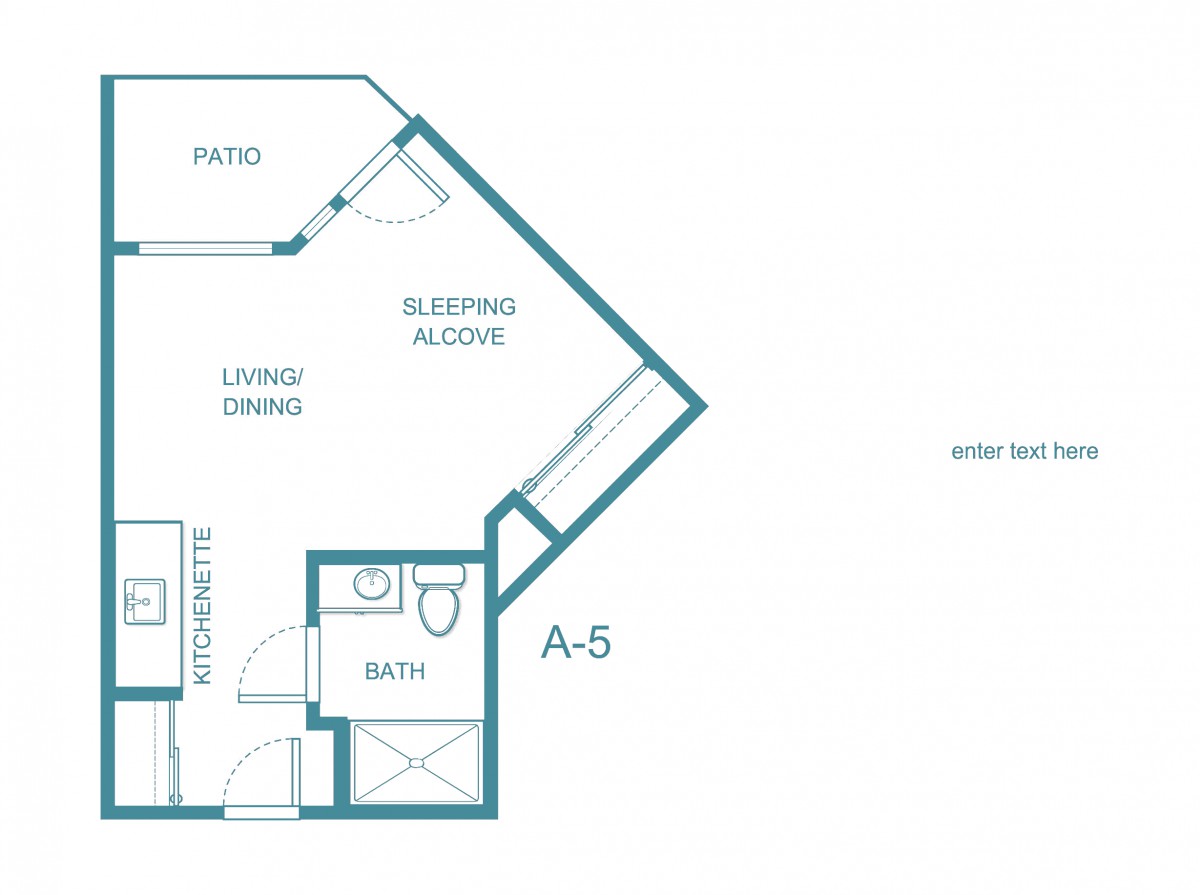 Studio apartment floor plan with sleeping alcove, patio, and living/dining area.