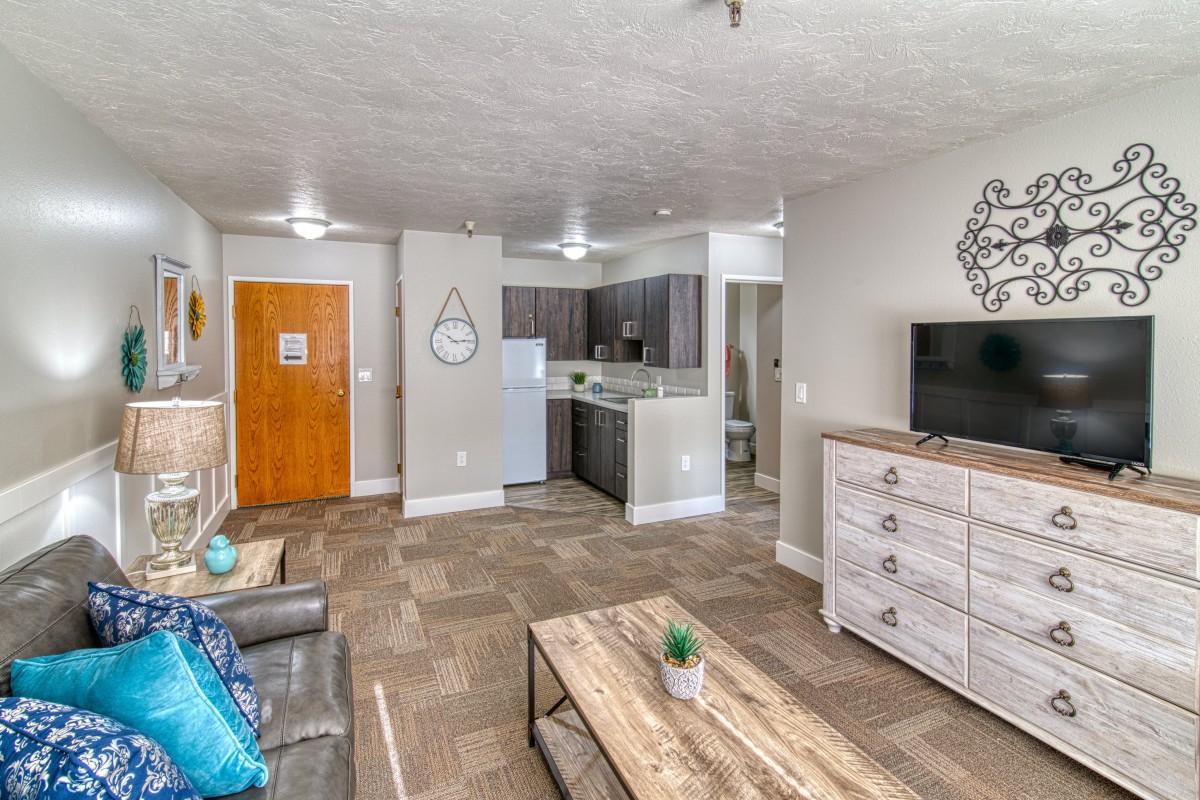 A modern apartment with an open floor plan, featuring a cozy living room and adjacent kitchen.