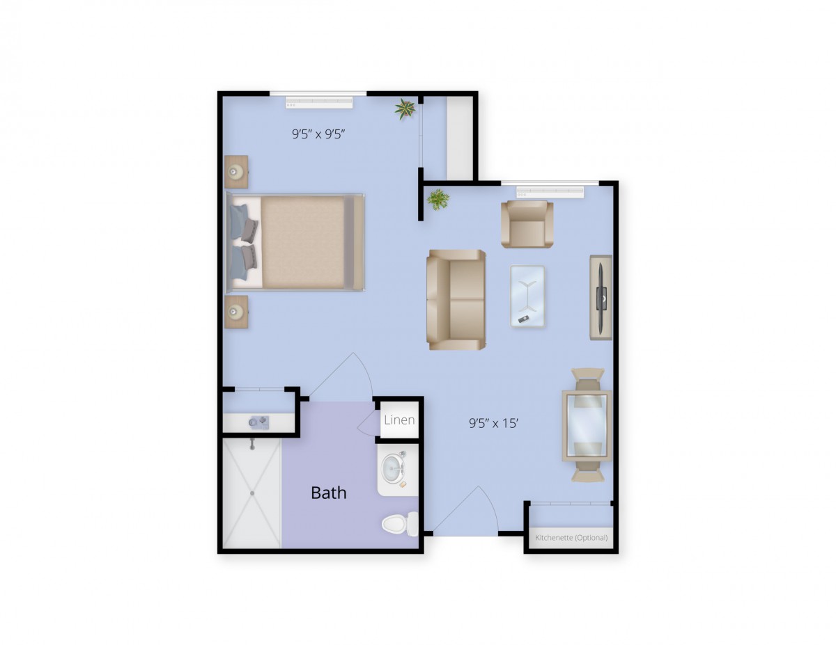 A floor plan layout showing a one-bedroom apartment with a living room, kitchen, and bathroom.