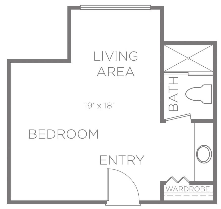 A simple floor plan of a studio apartment featuring a living area, bedroom, entryway, and bathroom.