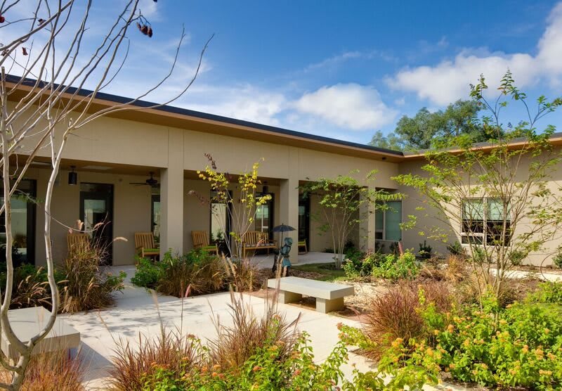 A modern house with a beautifully landscaped garden under a clear blue sky.