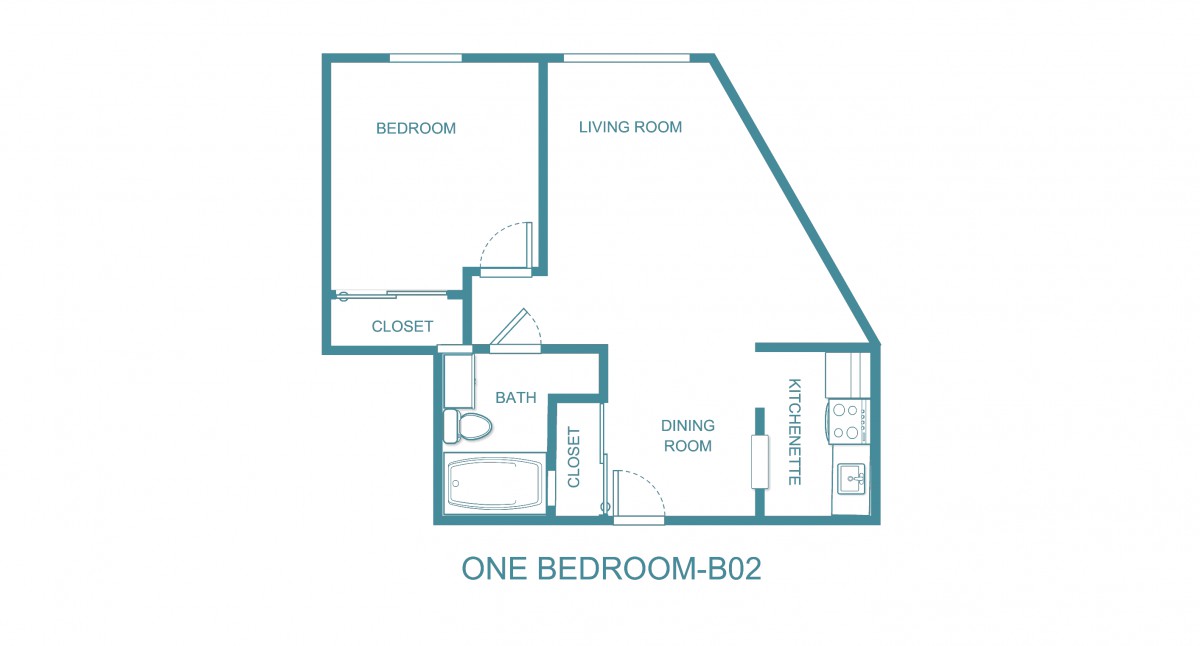 One-bedroom apartment floor plan with living room, kitchen, bathroom, and closet.