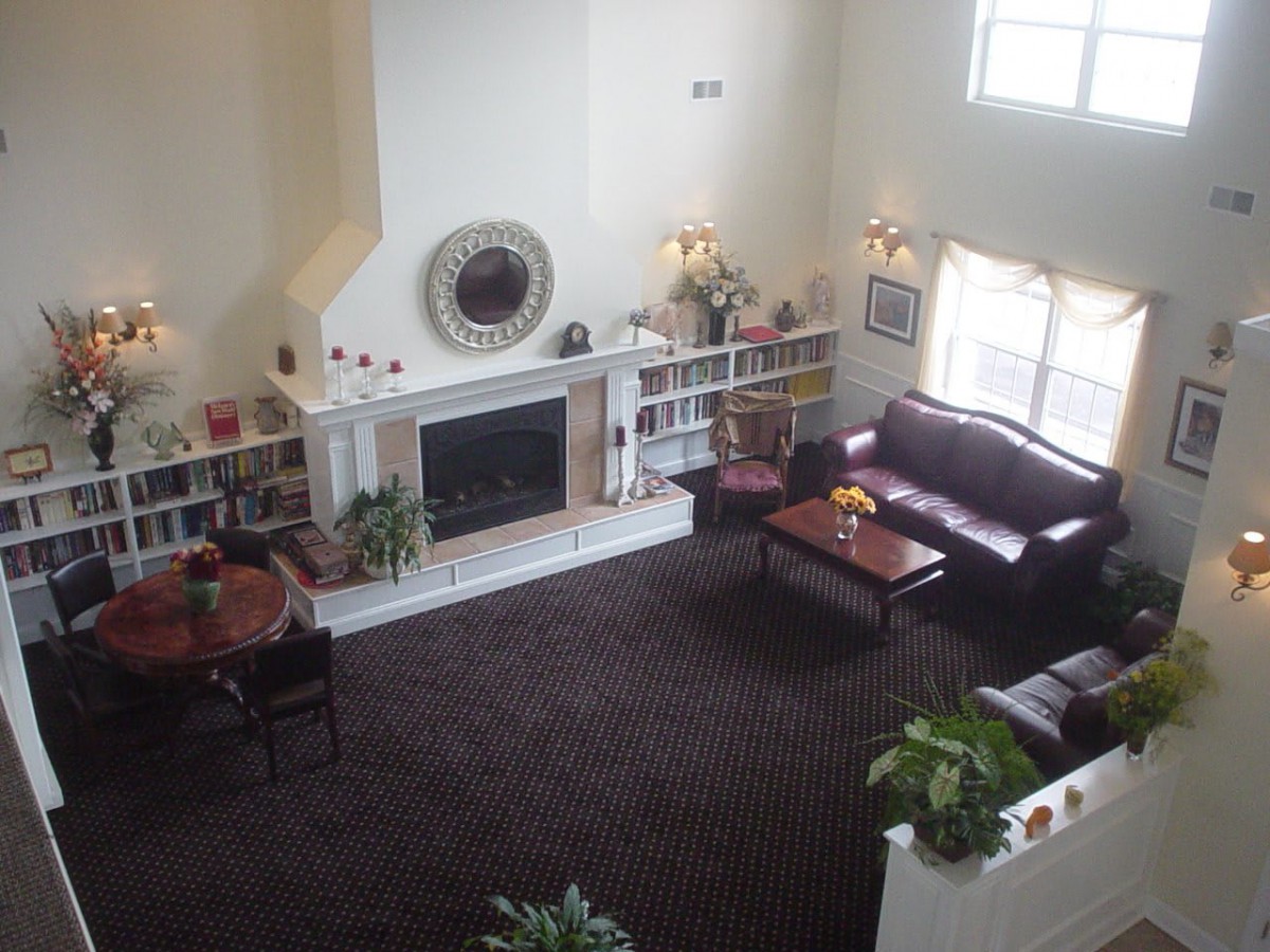 A cozy living room with a fireplace, surrounded by bookshelves, a sofa set, and indoor plants.
