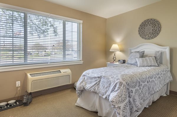 A cozy bedroom with a neatly made bed, a bedside lamp, and a large window.