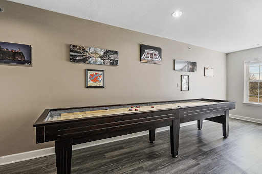 A stylish shuffleboard table complemented by modern wall art in a contemporary game room.