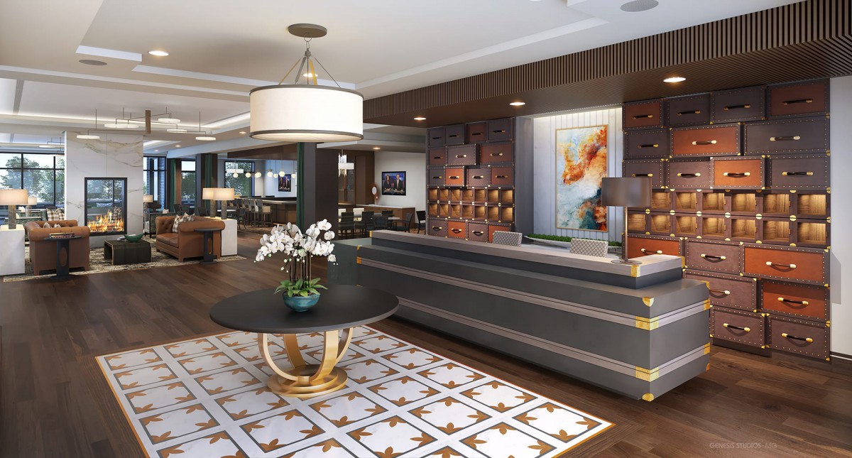 A modern hotel lobby with a stylish reception desk and elegant decor.