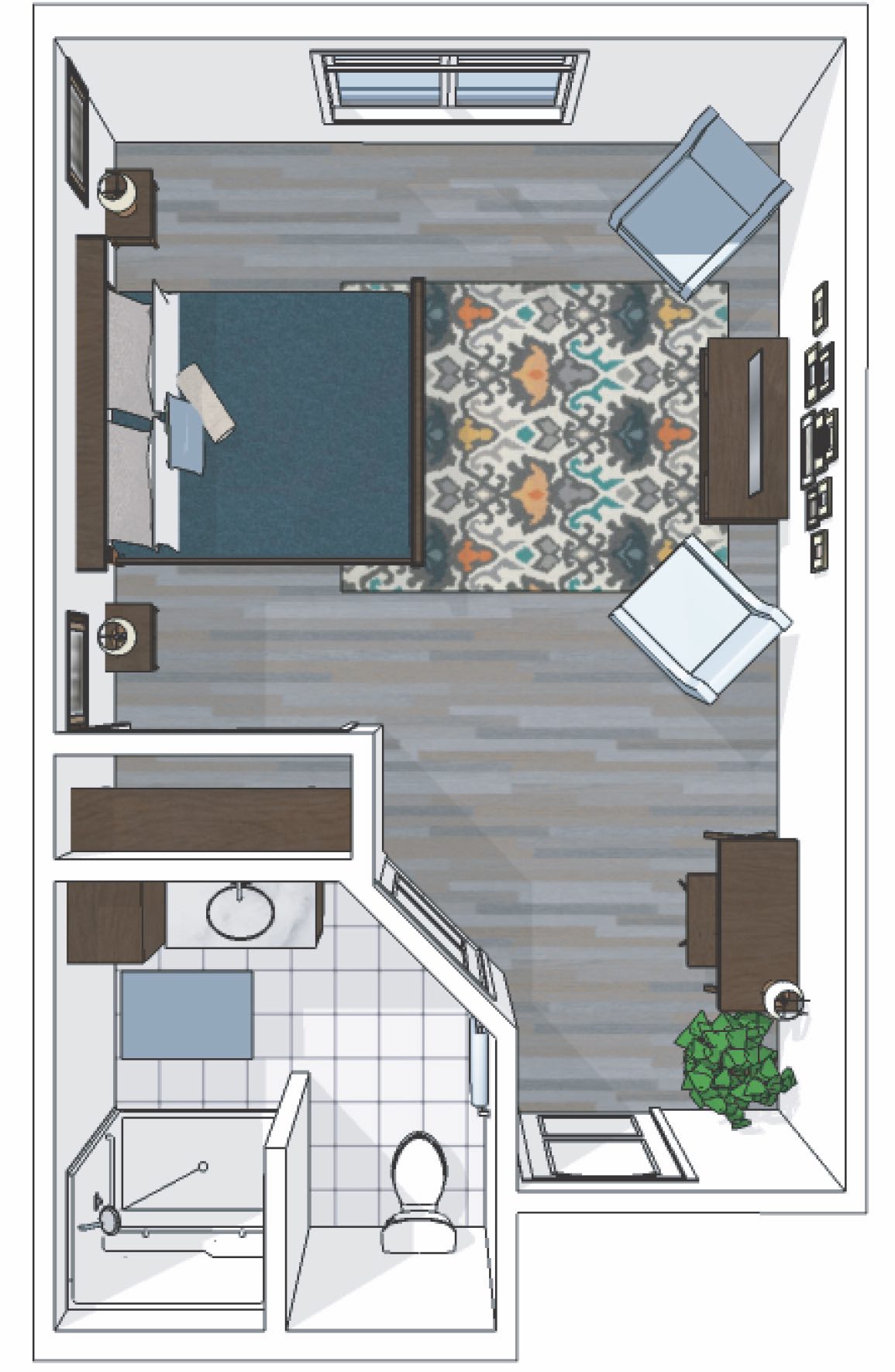 A detailed 3D floor plan of a bedroom with furniture layout.