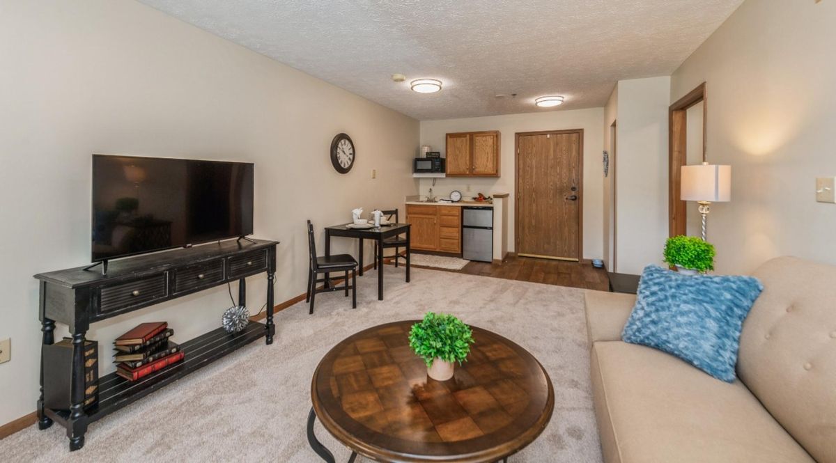 A cozy living area with an open small kitchen, featuring a sofa, television, dining table, and indoor plant.
