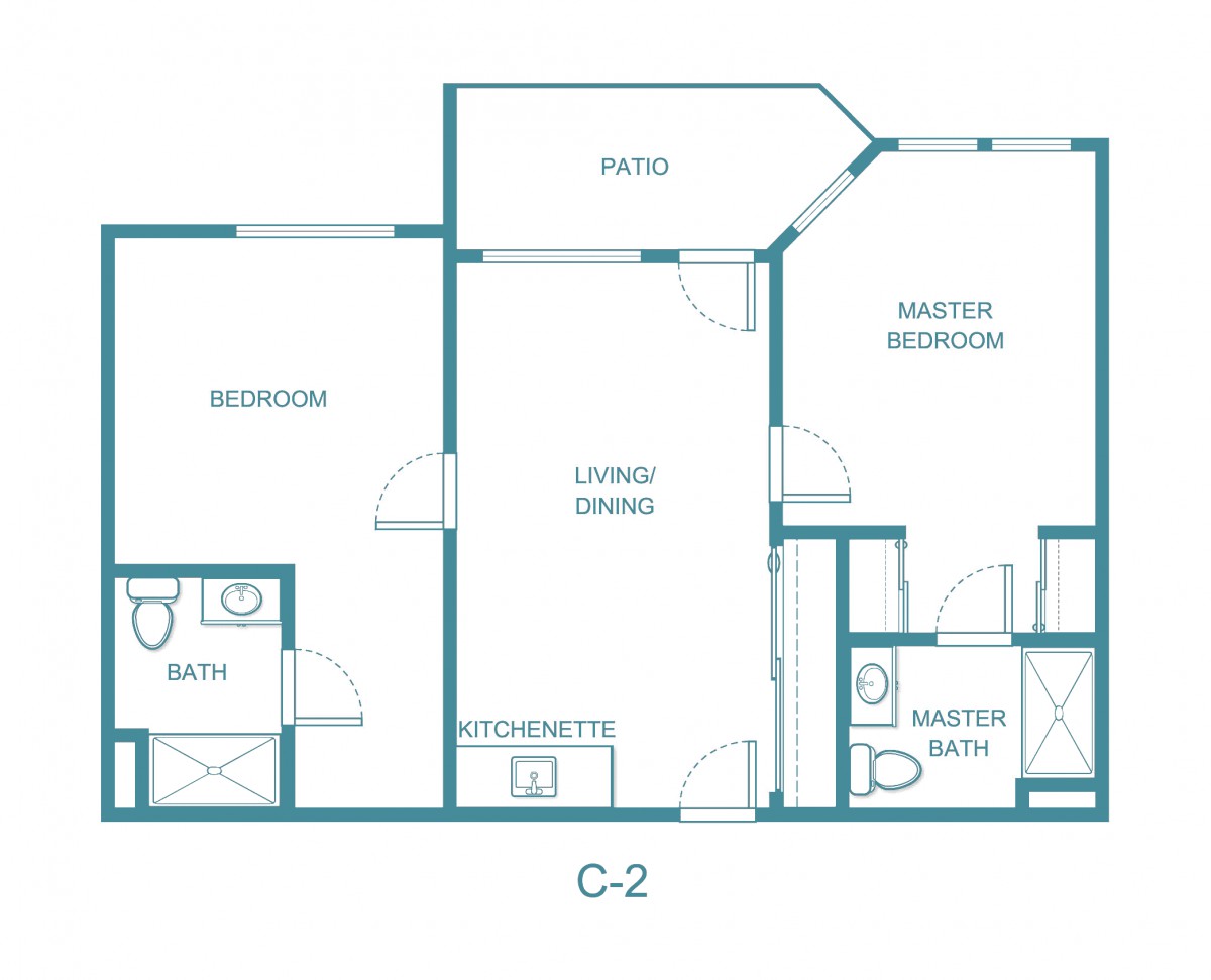 A floor plan depicting a two-bedroom apartment layout with labeled rooms and spaces.