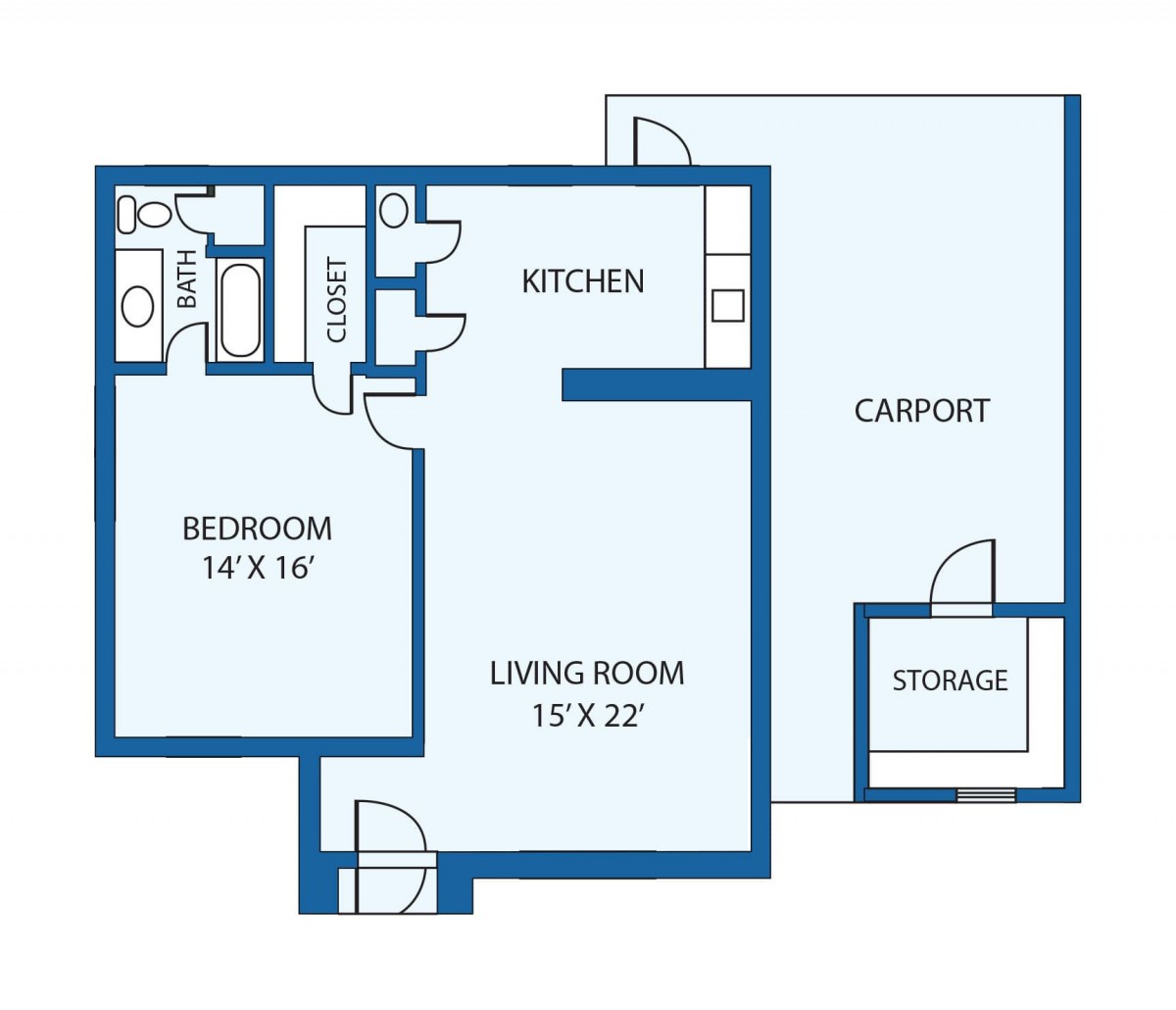 A simple apartment floor plan featuring a living room, kitchen, bedroom, bathroom, carport, and storage area.
