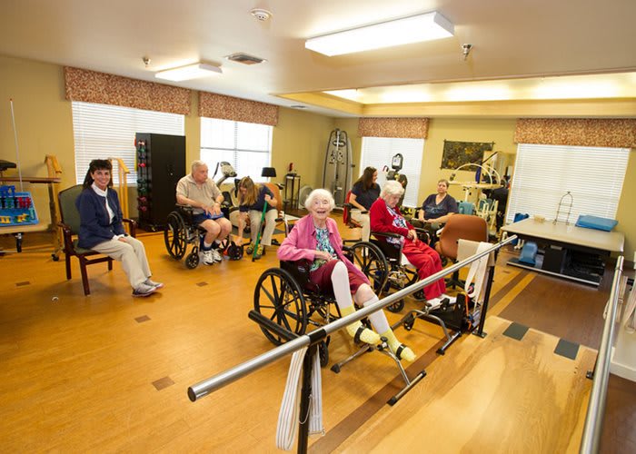 A group of elderly individuals participating in a physical therapy session at a rehabilitation center.