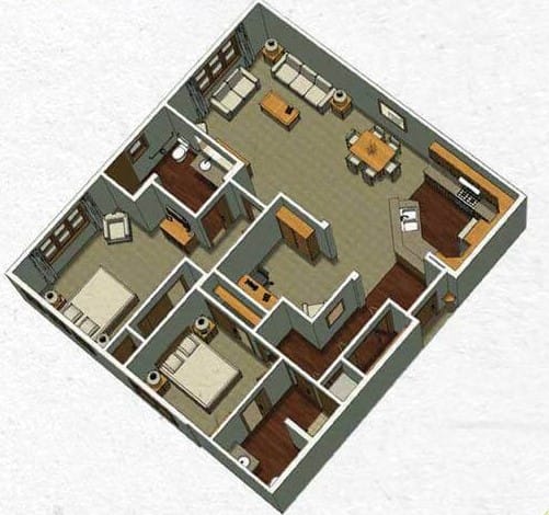 A floor plan of an apartment featuring two bedrooms, a living room, and a kitchen.