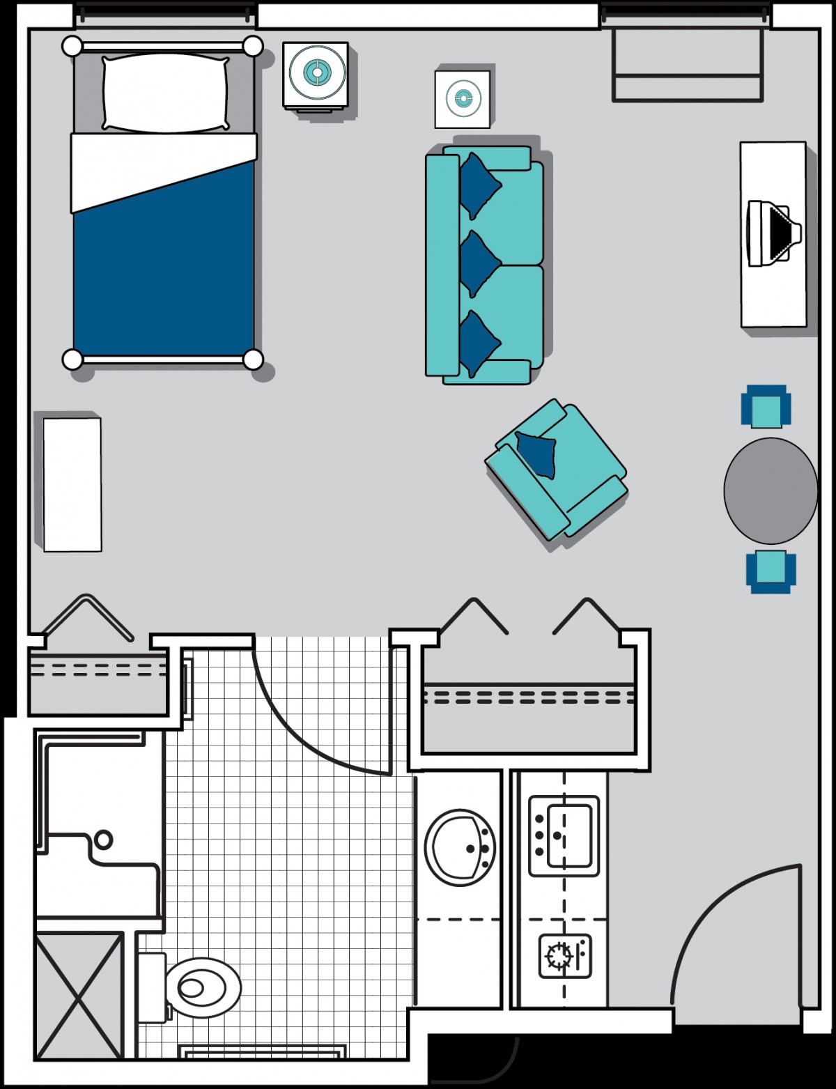 A floor plan showcasing a studio apartment with designated spaces for a bed, living area, kitchen, and bathroom.