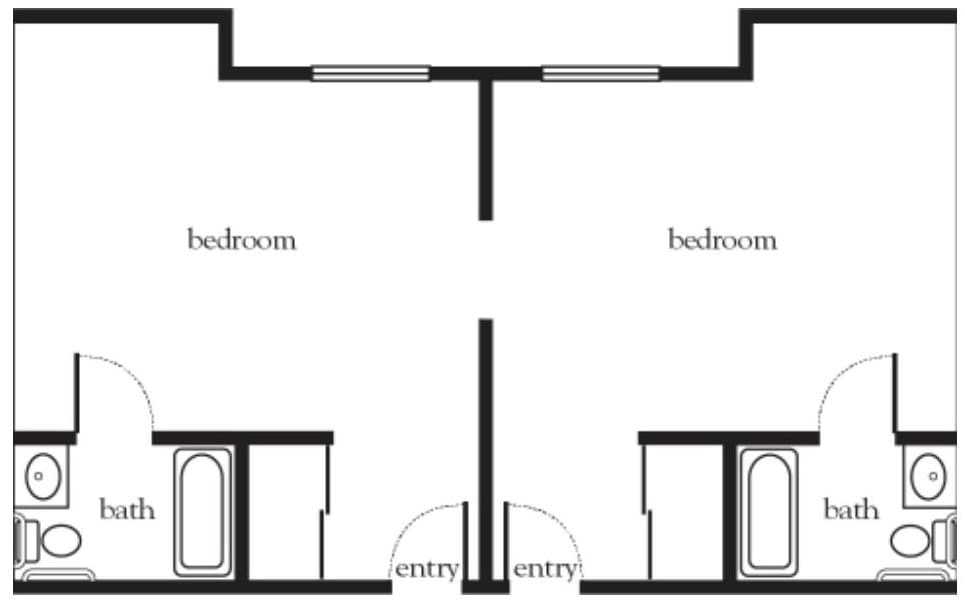 A symmetrical floor plan layout featuring two bedrooms, each with its own entry and bathroom.