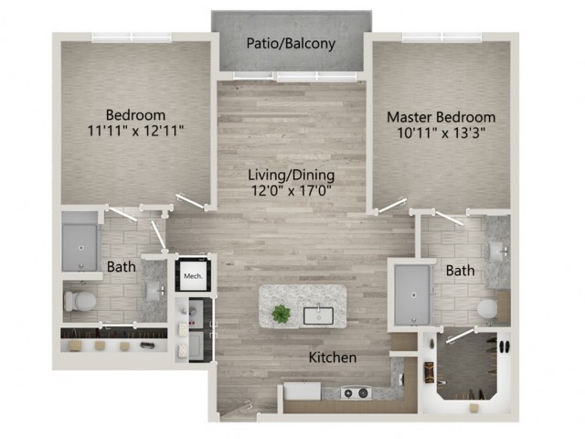 A detailed floor plan of a two-bedroom apartment featuring a living/dining area, kitchen, two bathrooms, and a patio/balcony.