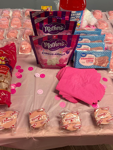 A vibrant display of pink snacks and party items, perfect for a sweet celebration.