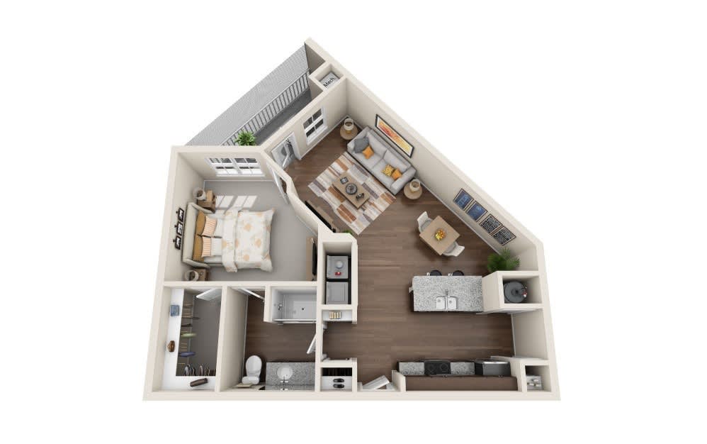 A 3D floor plan of a one-bedroom apartment with a kitchen, living room, bathroom, and dining area.