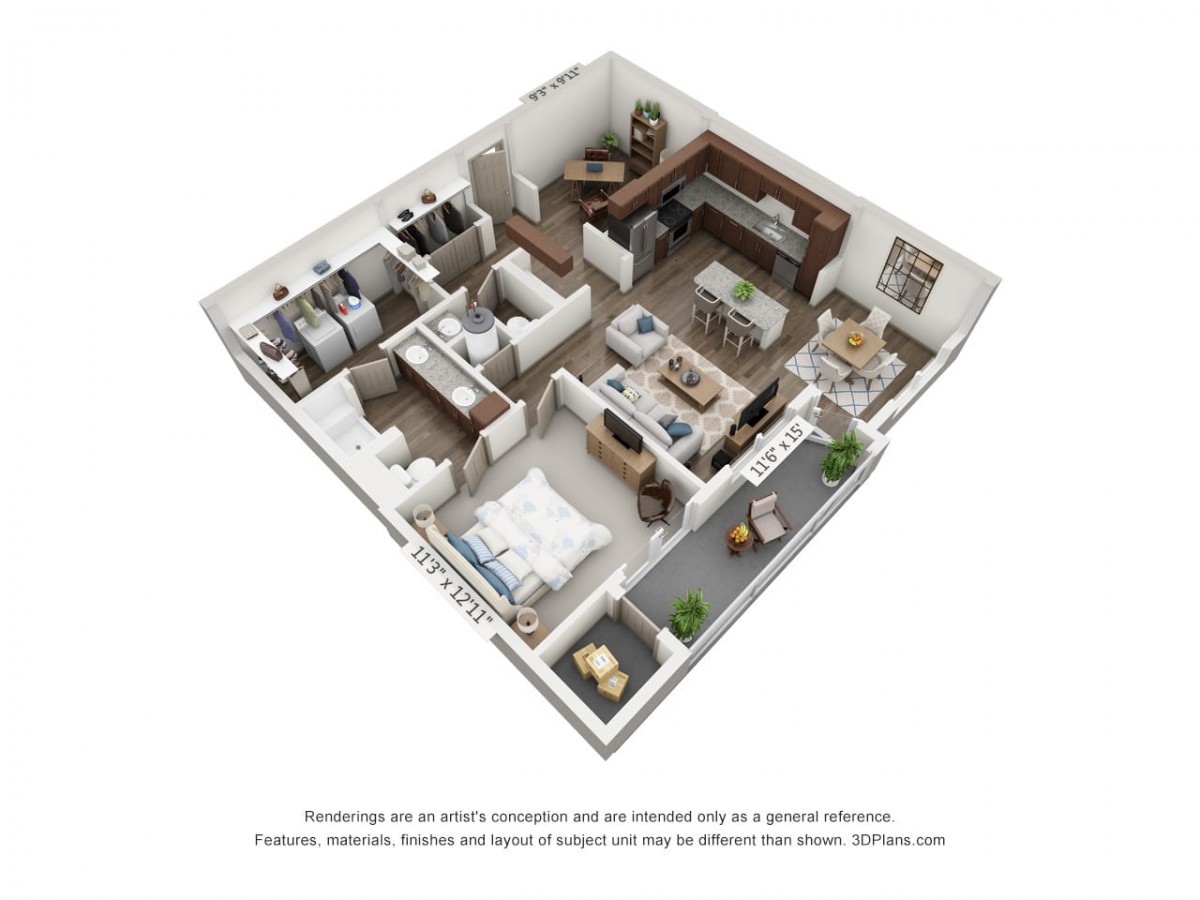 3D rendering of a modern apartment floor plan with stylish interior design.