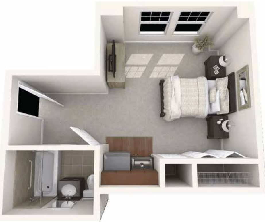 A 3D floor plan of a compact bedroom with a bed, nightstands, and windows.