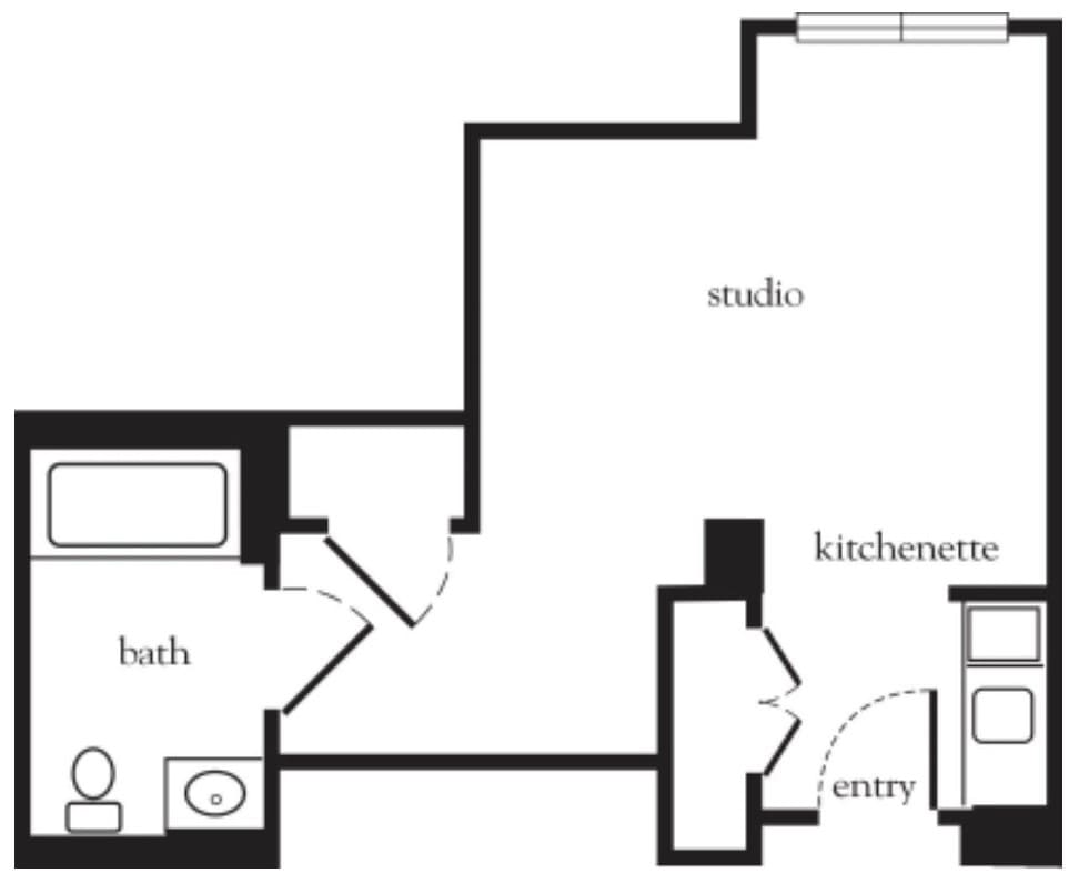 A floor plan of a studio apartment with a bathroom, kitchenette, and entryway.